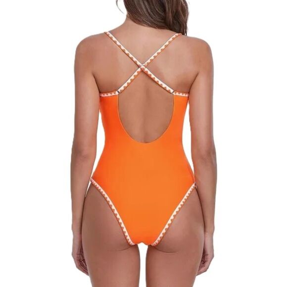 NWT Zaful Tangerine and White Scalloped Trim 1-Piece Swimwear Large (8-10) - Picture 3 of 11
